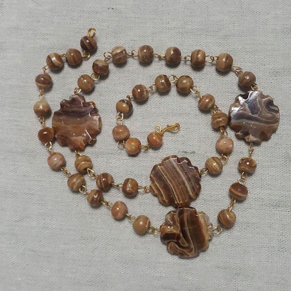 Vintage Handmade Jasper Stone Clover Agate Carved Necklace OOAK